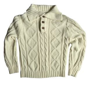 Vintage 70s Men's Medium Cream Cable Knit Sweater Acrylic Sears King Road